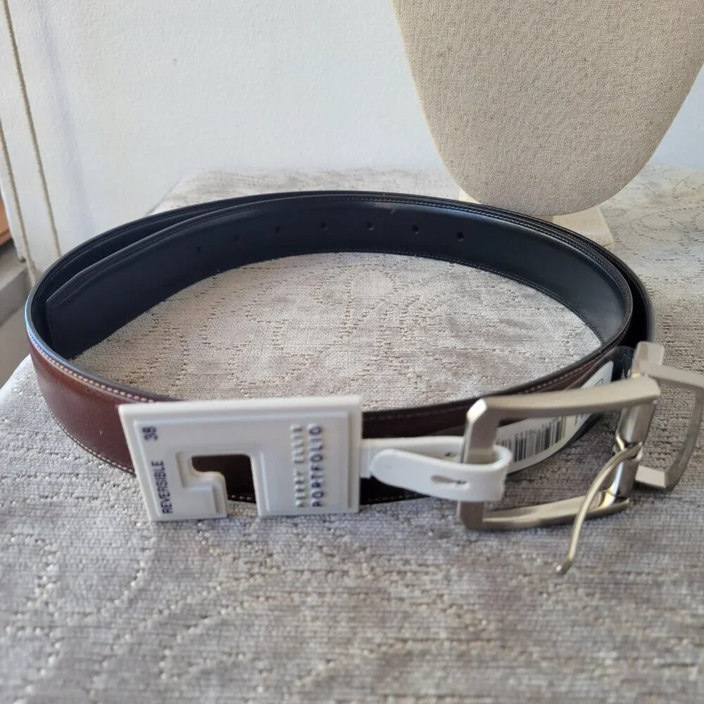 NWT – Perry Ellis Men’s Portfolio Reversible Leather Dress Belt (Size: 38)